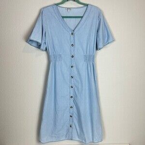 MPH Collection Chambray Button Up V-neck Short Sleeve Sheath Midi Dress S
